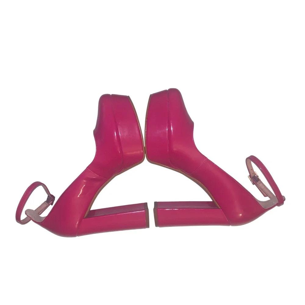 Chelsea & Violet Mia Pink Patent Ankle Strap Platform Block Heel Pumps Size 6.5